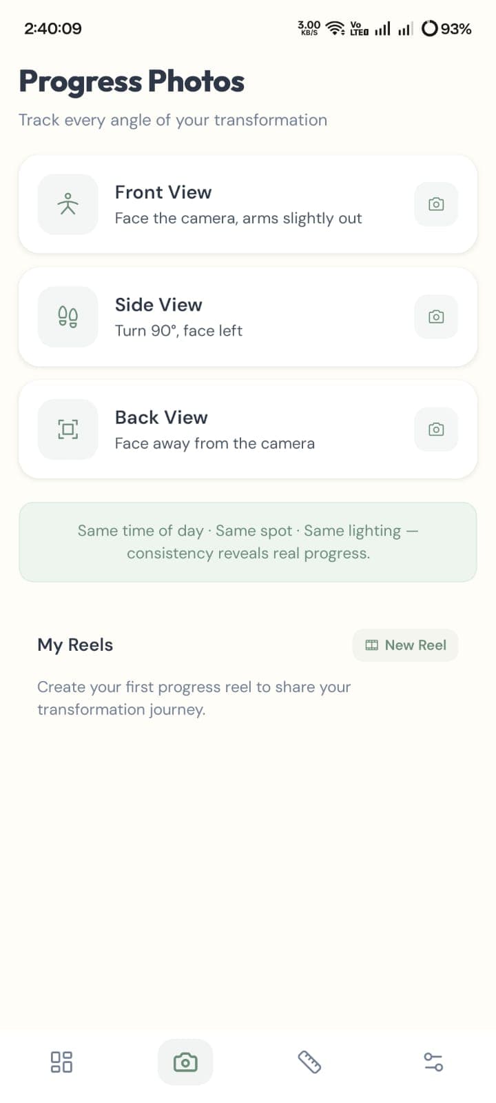 FormSnap screen for capturing front, side, and back progress photos